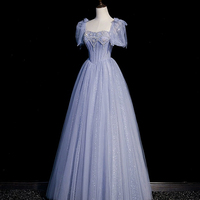 Blue Tulle Beaded Floor Length Prom Dress - Thumbnail 2
