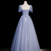 Blue Tulle Beaded Floor Length Prom Dress - Thumbnail 3