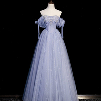 Blue Tulle Beaded Floor Length Prom Dress - Thumbnail 4