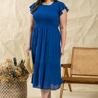 Plus Smocked Midi Dress - Thumbnail 1