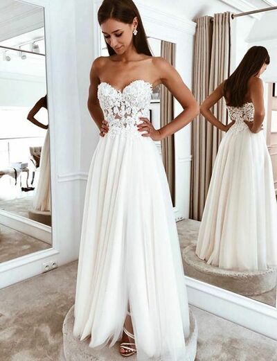 Light lvory sleeveless strapless sweetheart applique slit-skirt tulle lace evening dress,1654