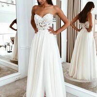 Light lvory sleeveless strapless sweetheart applique slit-skirt tulle lace evening dress,1654 - Thumbnail 1