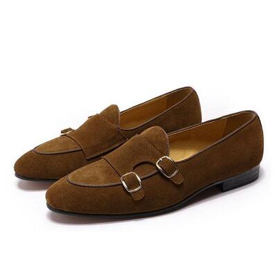 New handmade brown suede leather monk strap slip on loafer shoes for men - Thumbnail 2