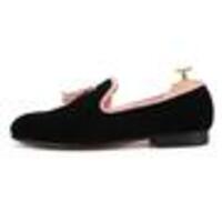 New Handmade Men's Black Velvet With Pink Tassel Prom Wedding Flat - Thumbnail 1