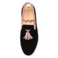 New Handmade Men's Black Velvet With Pink Tassel Prom Wedding Flat - Thumbnail 2
