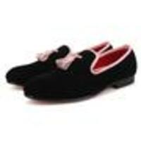 New Handmade Men's Black Velvet With Pink Tassel Prom Wedding Flat - Thumbnail 3