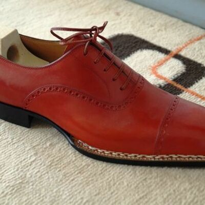 Men red brogue handmade genuine leather shoes - Thumbnail 3