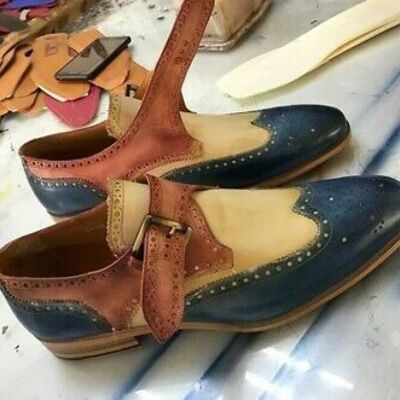 Men tan sole three tone blue beige brown single buckle strap monk leather shoes - Thumbnail 2