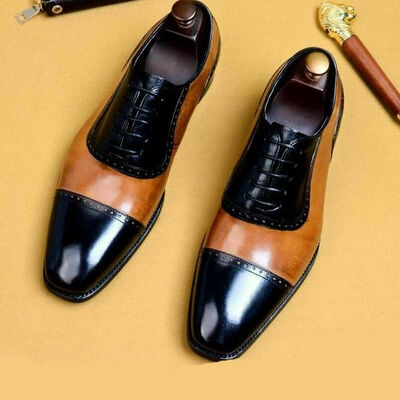Handmade mens tan and black two tone leather shoes, fashion formal leather shoes - Thumbnail 3