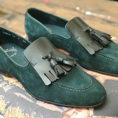 Handmade men green color fringed tassel loafer slip ons real suede leather shoes - Thumbnail 2