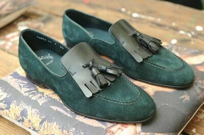 Handmade Men Green Color Fringed Tassel Loafer Slip Ons Real Suede Leather Shoes