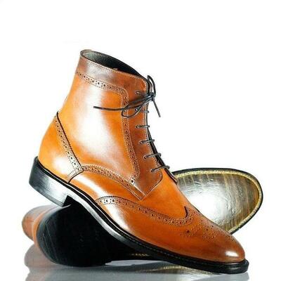 Handmade men tan brown leather boots, men’s wing tip brogue ankle high boots, mens boot - Thumbnail 4