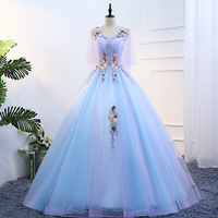 gorgeous Stunning Sky Blue Embroidery Floral Attractive Flowers V-neck Sleeveless Long Tutu Ball Party Dress - Thumbnail 1