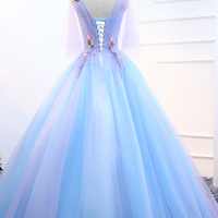 gorgeous Stunning Sky Blue Embroidery Floral Attractive Flowers V-neck Sleeveless Long Tutu Ball Party Dress - Thumbnail 2