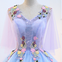 gorgeous Stunning Sky Blue Embroidery Floral Attractive Flowers V-neck Sleeveless Long Tutu Ball Party Dress - Thumbnail 3