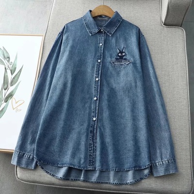 New cat embroidered denim long sleeve blouses