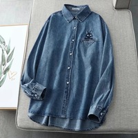 New cat embroidered denim long sleeve blouses - Thumbnail 6