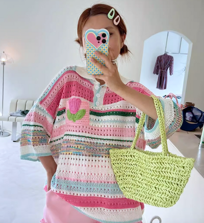 OVERSIZED TULIPS CROCHET POLO SHIRT