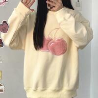 Furry Cherry Embroidery Fleece Sweatshirt - Thumbnail 1