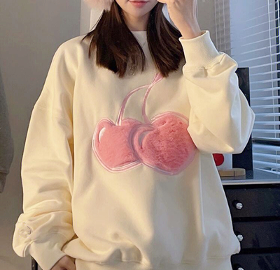 Furry Cherry Embroidery Fleece Sweatshirt