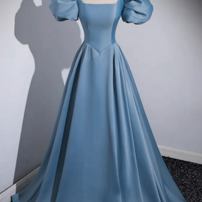 A line puff sleeves satin blue long prom dress, blue long formal dress kpp1616