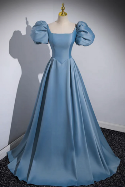 A Line Puff Sleeves Satin Blue Long Prom Dress, Blue Long Formal Dress KPP1616