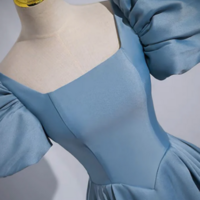 A Line Puff Sleeves Satin Blue Long Prom Dress, Blue Long Formal Dress KPP1616 - Thumbnail 1