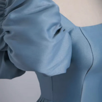 A Line Puff Sleeves Satin Blue Long Prom Dress, Blue Long Formal Dress KPP1616 - Thumbnail 2