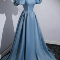 A Line Puff Sleeves Satin Blue Long Prom Dress, Blue Long Formal Dress KPP1616 - Thumbnail 4