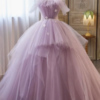 Lilac Strapless Tulle Long Prom Dresses with Pearls Belt, Lilac Off the Shoulder Formal Evening Dresses KPP1617 - Thumbnail 1