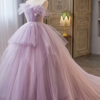 Lilac Strapless Tulle Long Prom Dresses with Pearls Belt, Lilac Off the Shoulder Formal Evening Dresses KPP1617 - Thumbnail 3