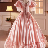 Pink Satin Lace Long Prom Dress, Pink Short Sleeve Evening Party Dress KPP1618 - Thumbnail 3