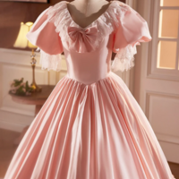 Pink Satin Lace Long Prom Dress, Pink Short Sleeve Evening Party Dress KPP1618 - Thumbnail 4