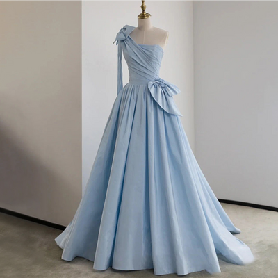 Blue satin one shoulder long party dress with bow blue wedding party dress