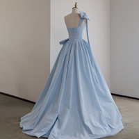 blue Satin One Shoulder Long Party Dress With Bow Blue Wedding Party Dress - Thumbnail 1