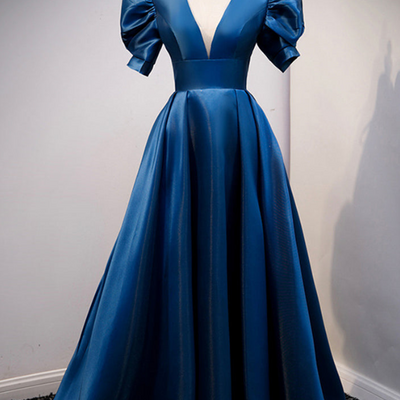 Gorgeous blue long deep v neck short sleeve satin evening gowns