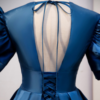 gorgeous Blue Long Deep V Neck Short Sleeve Satin Evening Gowns - Thumbnail 1