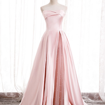 Simple pink satin long business dresses pink bridesmaid dresses