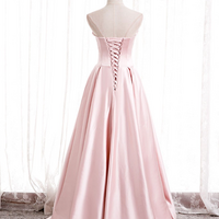 simple Pink Satin Long Business Dresses Pink Bridesmaid Dresses - Thumbnail 1