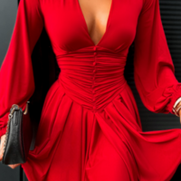 Red Solid Color Deep V-Neck Long Sleeved Dress - Thumbnail 1