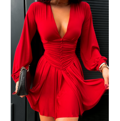 Red Solid Color Deep V-Neck Long Sleeved Dress