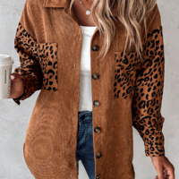 Solid Color Temperament Leopard Print Contrasting Long Sleeved Jacket - Thumbnail 1