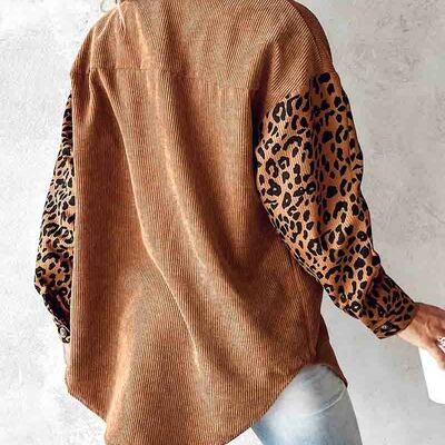 Solid color temperament leopard print contrasting long sleeved jacket