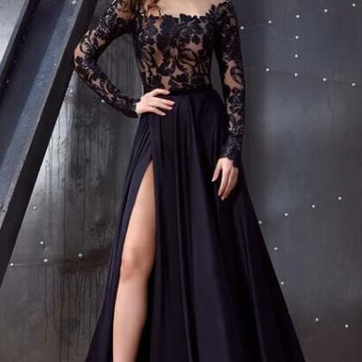 Elegant square a line lace and satin sweep train evening dress with appliques，1656