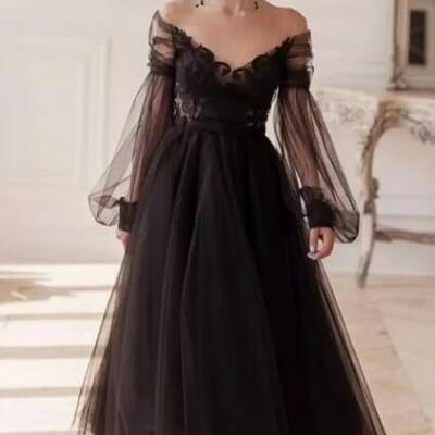 Romantic ankle-length long sleeve tulle a line evening dress with appliques，1655