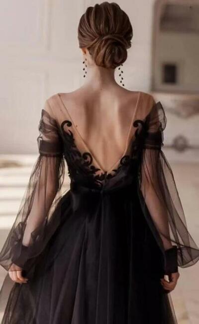 Romantic Ankle-length Long Sleeve Tulle A Line Evening Dress with Appliques，1655
