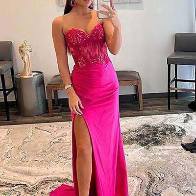 Sweetheart hot pink applique beaded long prom dresses with side slit - Thumbnail 1