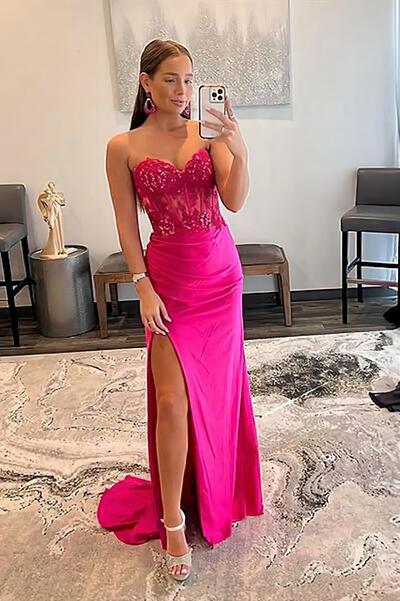 Sweetheart Hot Pink Applique Beaded Long Prom Dresses With Side Slit