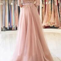 A-Line Lace Tulle Jewel 3 4 Length Sleeve Button Zipper Deep-V Back Dress,1658 - Thumbnail 1