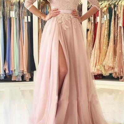 A-line lace tulle jewel 3 4 length sleeve button zipper deep-v back dress,1658